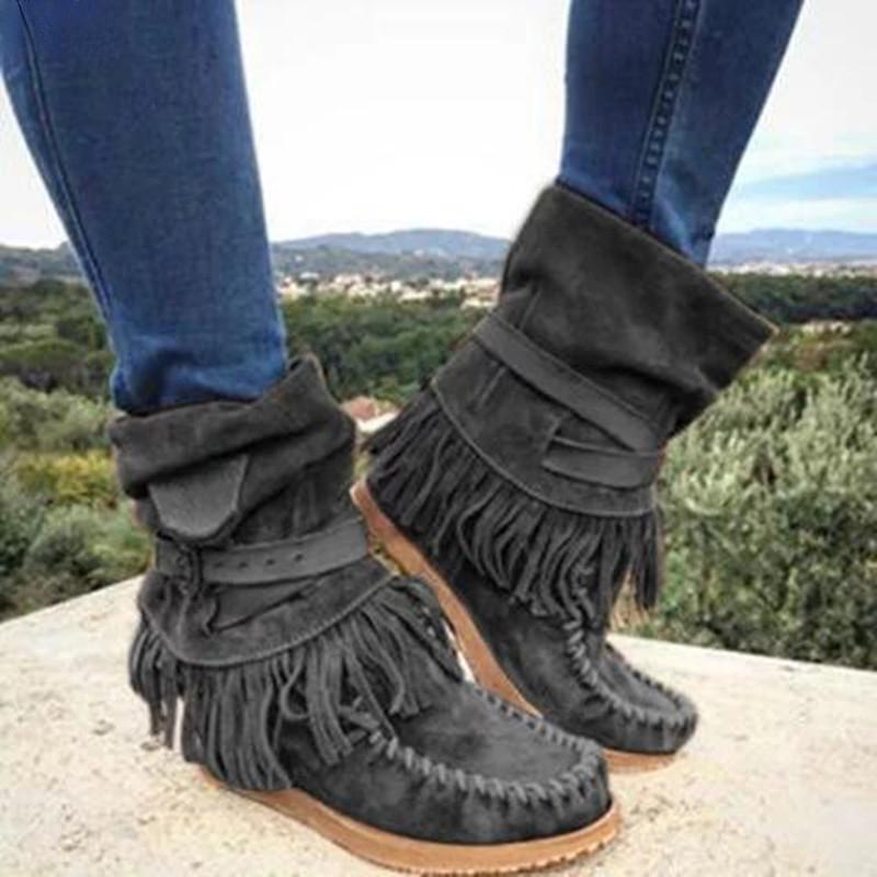 Retro Tassel Women's Boots Side Zipper Black 2024 Winter New Flat Warm Shoes Comfort Round Toe Non-slip Plush Ankle Boots