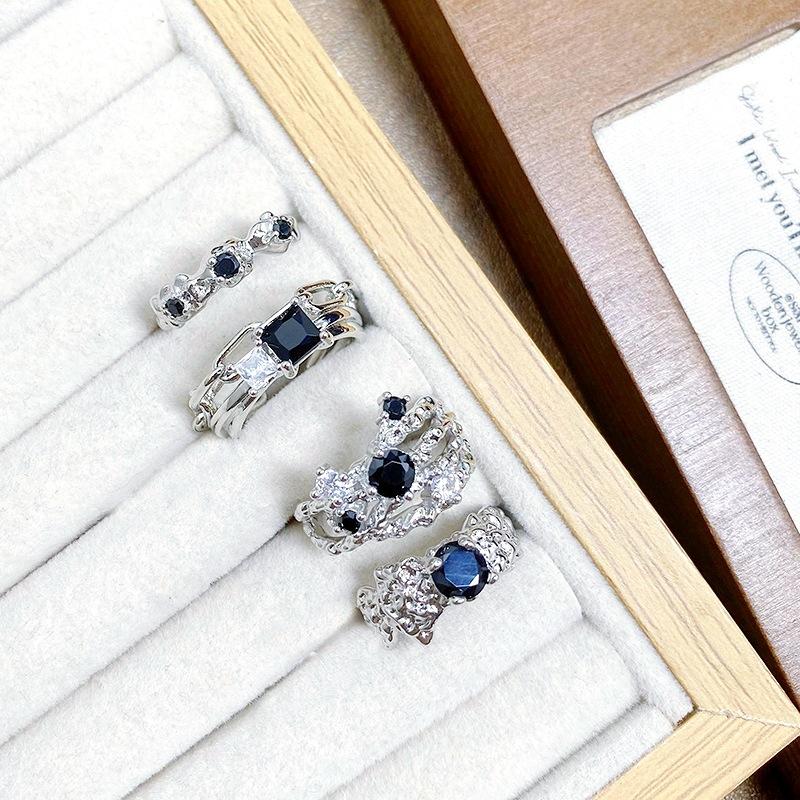 Punk Personality Dark Wind Black Zircon Irregular Opening Ring Female Niche Design Exquisite Stacked Ring Female