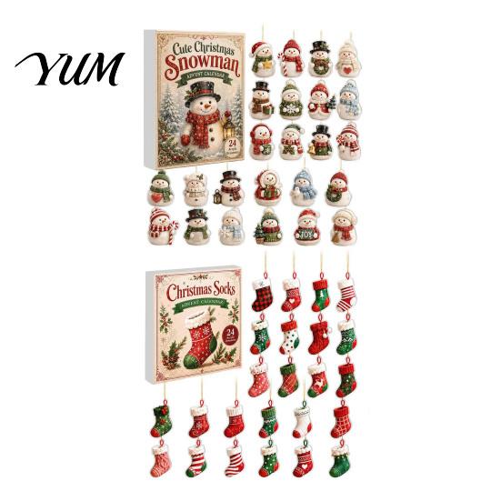 Collectible Holiday Toys Snowman Christmas Countdown Calendar, 24-Day Acrylic Ornament Set with Winter Creative Gifts Figures, Tree Hanging