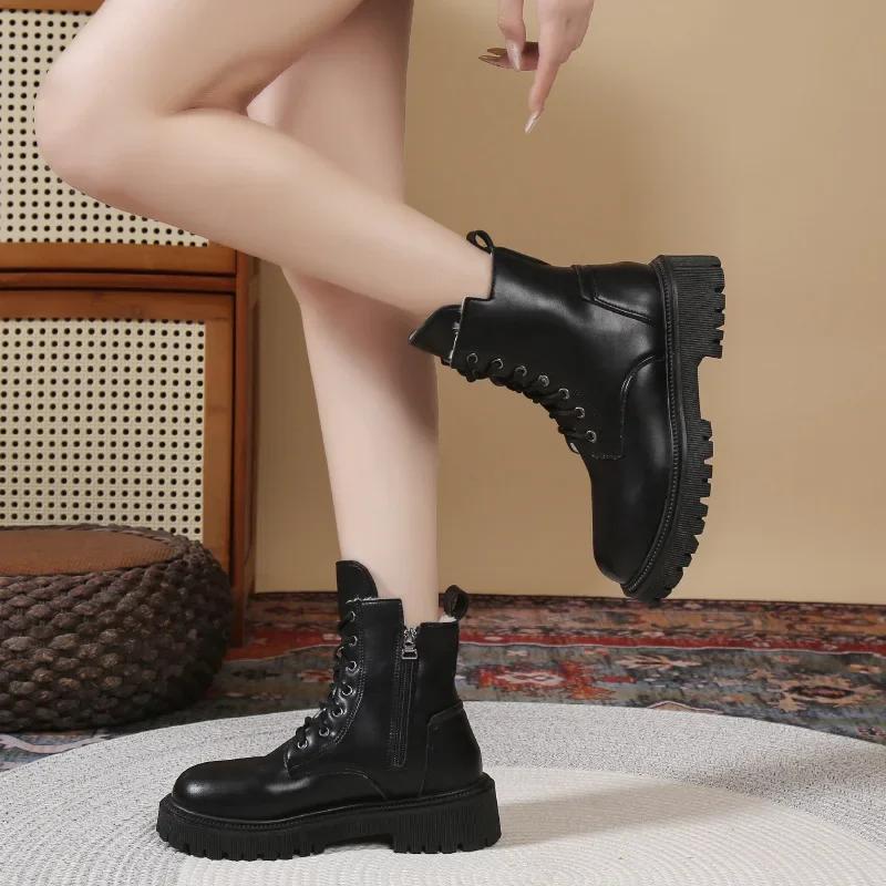 Черные ботильоны для женщин, модные зимние теплые плюшевые повседневные короткие ботинки, женские удобные ботинки из искусственной кожи для ходьбы 2024