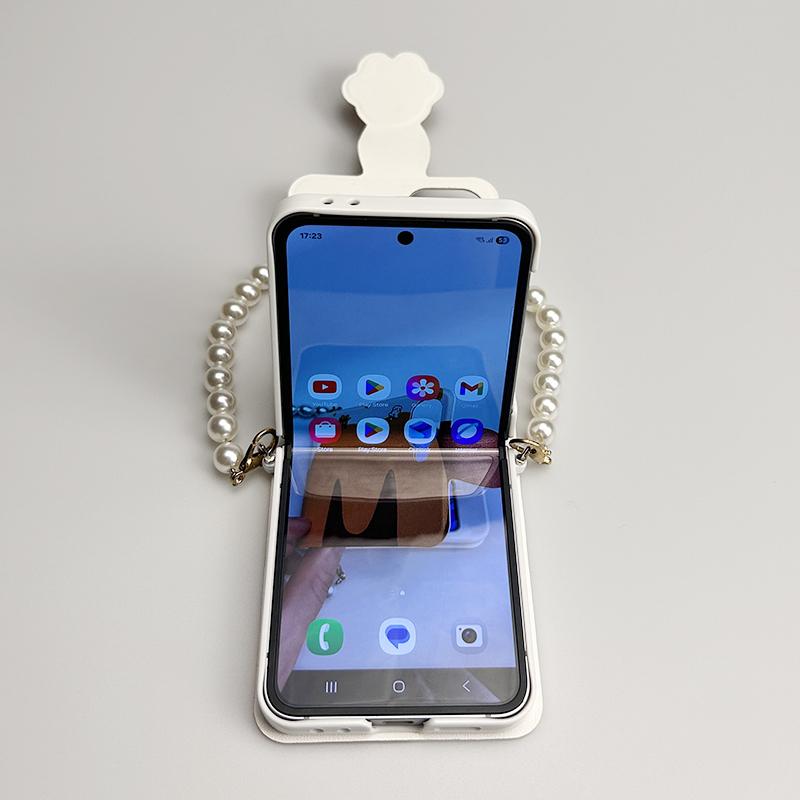 Чехол-книжка zflip6 из флип-кожи для Samsung Galaxy Z Flip6, милый чехол Funda с жемчужной цепочкой для руки