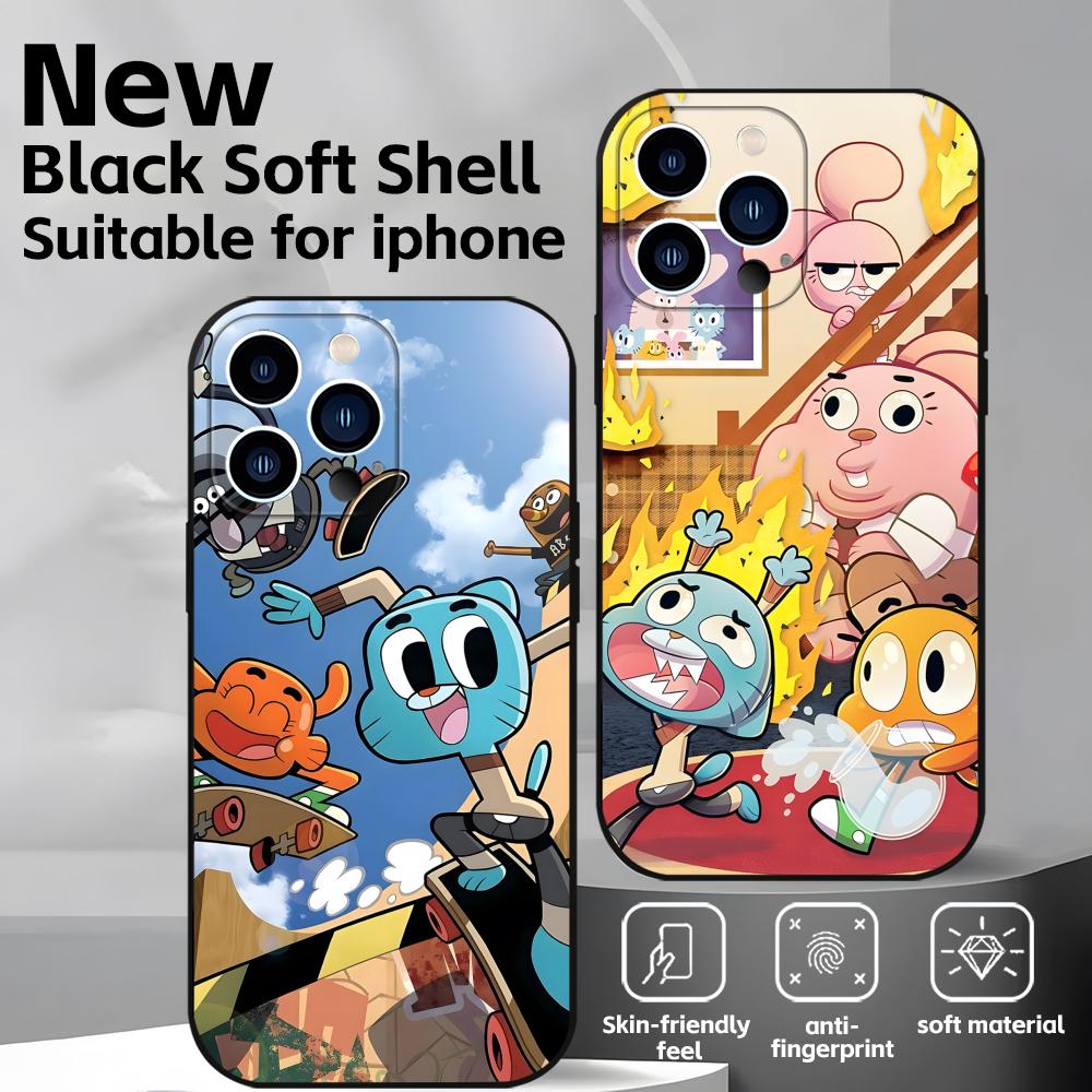 Удивительный мир Гамбола Чехол для телефона для iPhone17 16 16e 15 14 13 12 11 Plus Mini Pro Max Мягкий черный Ударопрочный чехол