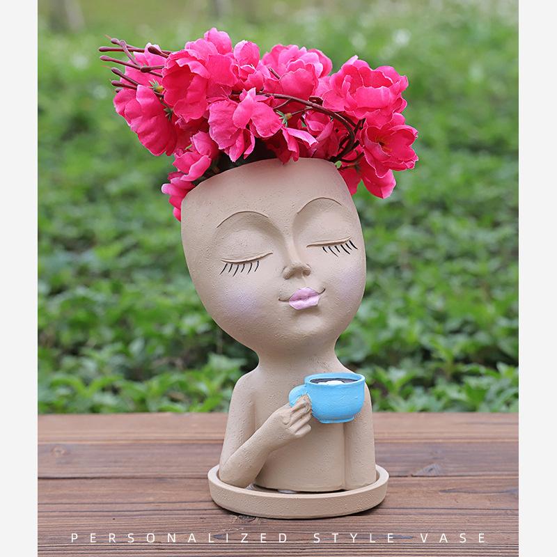 Скандинавские садовые поделки, ваза с орнаментом из смолы, милая кофейная девочка, цветочный горшок, креативное украшение, садоводство, суккулентный горшок, цветочный горшок