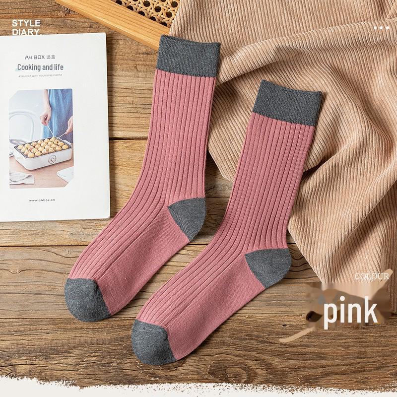 Women's Japanese College Style Contrast Color Long Tube Socks - All-Match Solid for Spring & Autumn