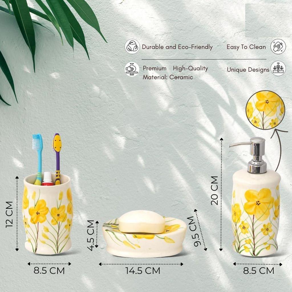 Премиальный керамический набор аксессуаров для ванной из 3 предметов | Современный набор для ванной ручной росписи с дозатором для мыла 300 мл, подставкой для зубных щеток и мыльницей |