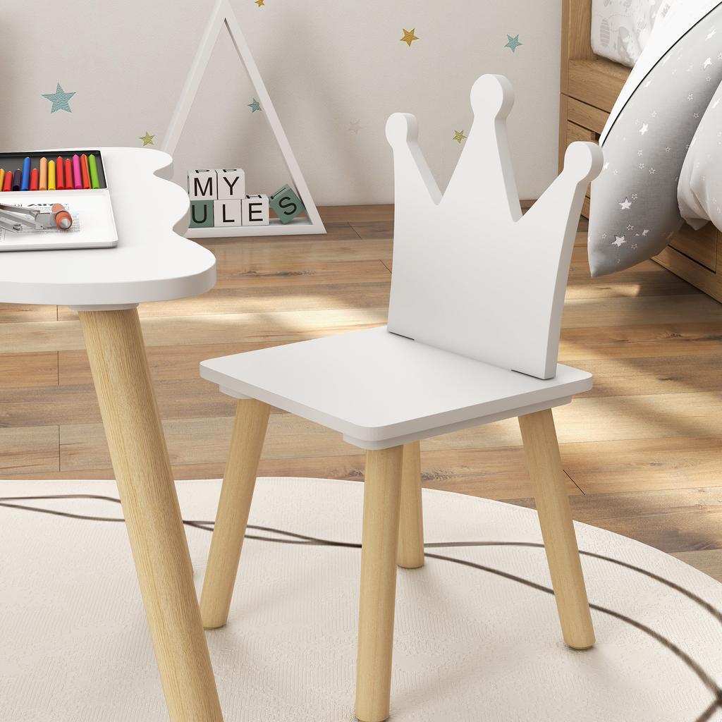 Children's Set of Table and 2 Chairs with Crown-Shaped Backrest for Reading and Drawing 60x60x44 cm White and Wood
