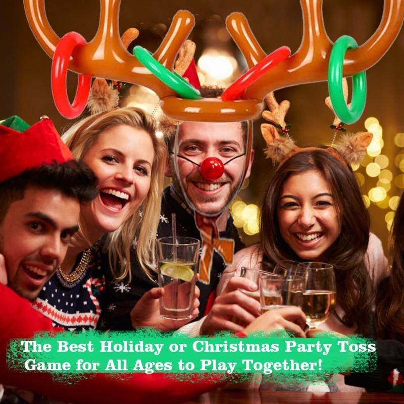 2 Pack Inflatable Reindeer Antler Ring Toss Game (2 Antlers 8 Rings) - PVC Material, Red and White - Christmas Party Game