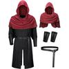 Medieval Vintage Cape Long Hooded Robe Pleated Shawl Wrist Guards And Waist Belt Set Retro Wizard Halloween Cosplay Costume