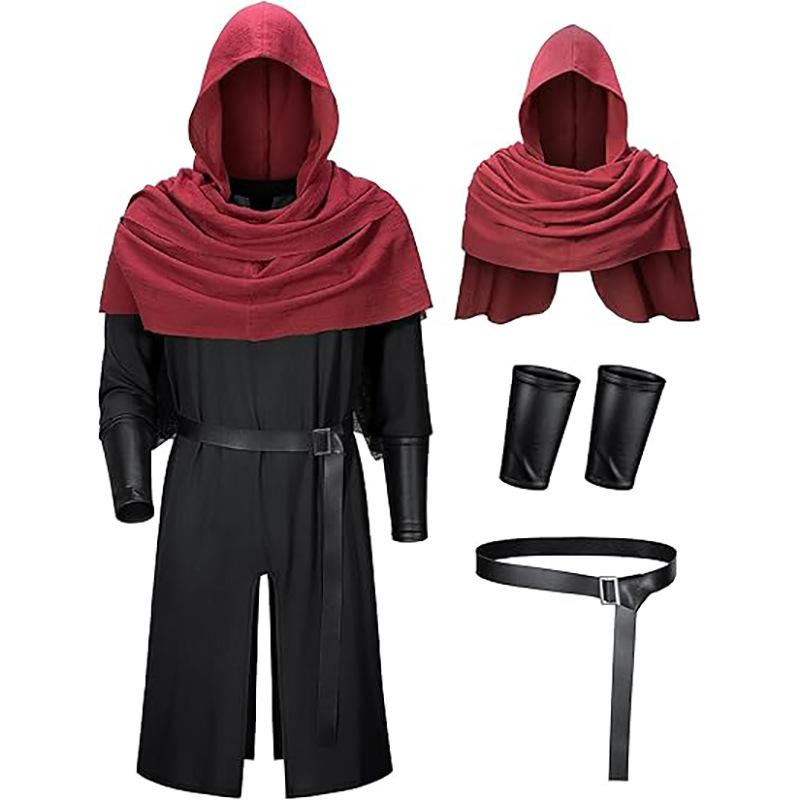 Medieval Vintage Cape Long Hooded Robe Pleated Shawl Wrist Guards And Waist Belt Set Retro Wizard Halloween Cosplay Costume