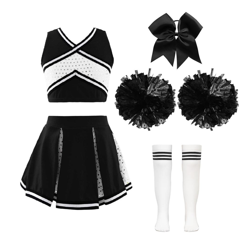 Kids Girls Sparkly Cheer Outfit Crisscross Striped V Neck Crop Top Pleated Skirt and Bow Set