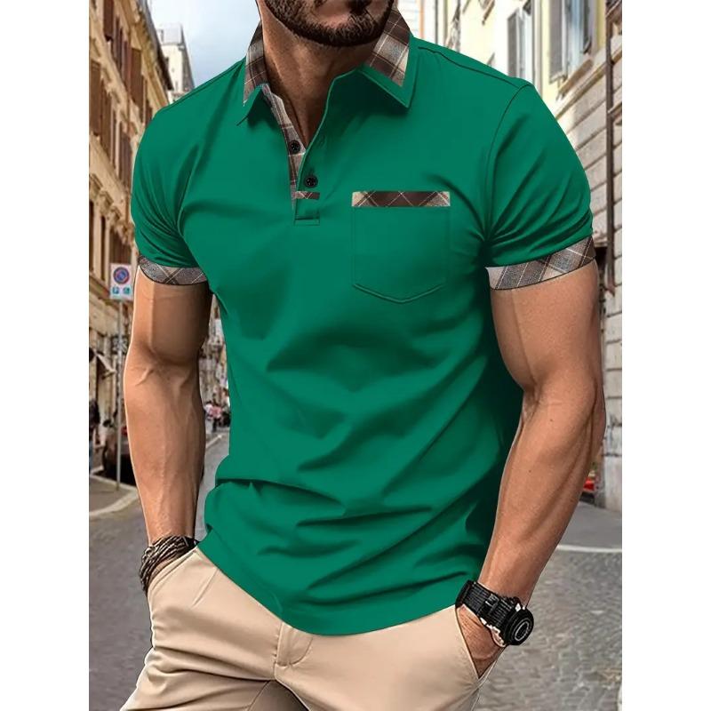 Мужская повседневная рубашка поло с нагрудным карманом, лацканами, пуговицами, деловая универсальная футболка с цветными блоками, рубашки поло с коротким рукавом для мужчин