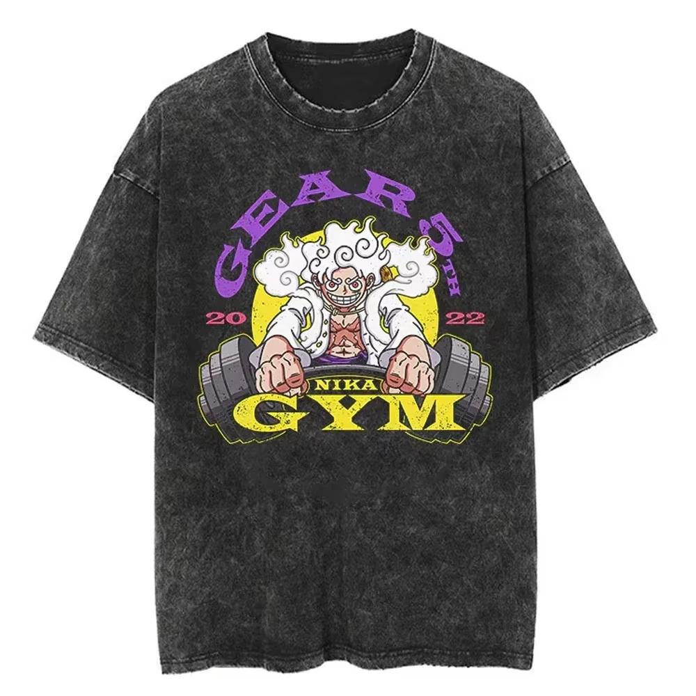 Nika Luffy Gear ONE PIECE Anime Harajuku Retro Washed Tshirt Cotton Men Streetwear Women Short Sleeves Unisex Top