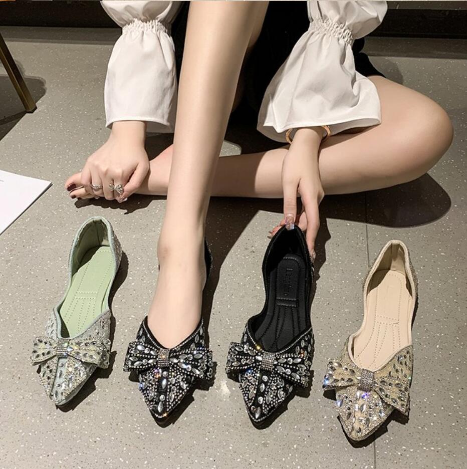 Модные блестящие хрустальные балетки женские остроносые мокасины удобные неглубокие балетки мокасины элегантные женские туфли с бантом для вечеринки