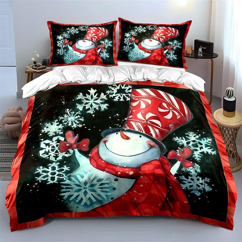 Snowman with Peppermint Hat Bedding Duvet Cover Set Duvet Cover Pillowcases (1*Duvet Cover 2*Pillowcases, without duvet insert)