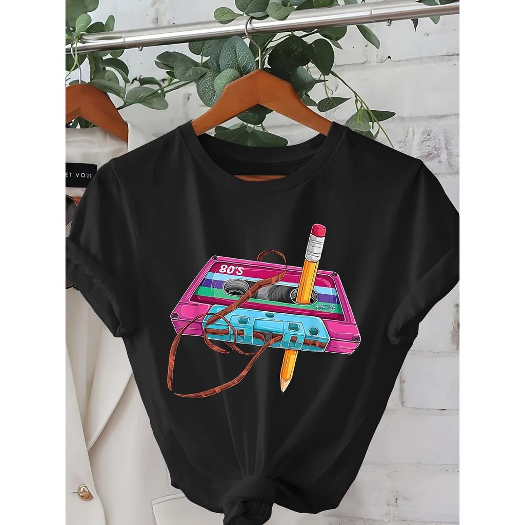 Hip Hop Vintage 80s Cassette Pencil Women's Retro Print T-Shirt Soft Crew Neck Short Sleeve Top Shirt