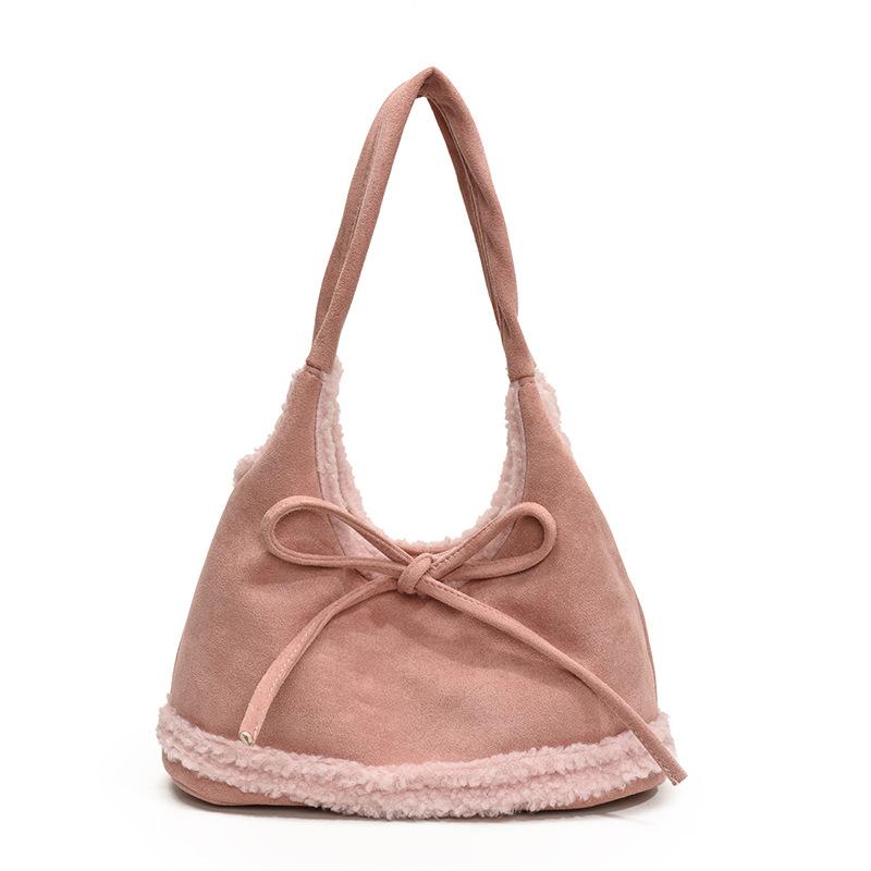 Korean Niche Lamb Wool Splicing Underarm Bag Bow Retro Lazy Large Capacity Shoulder Commuter Tote Bag