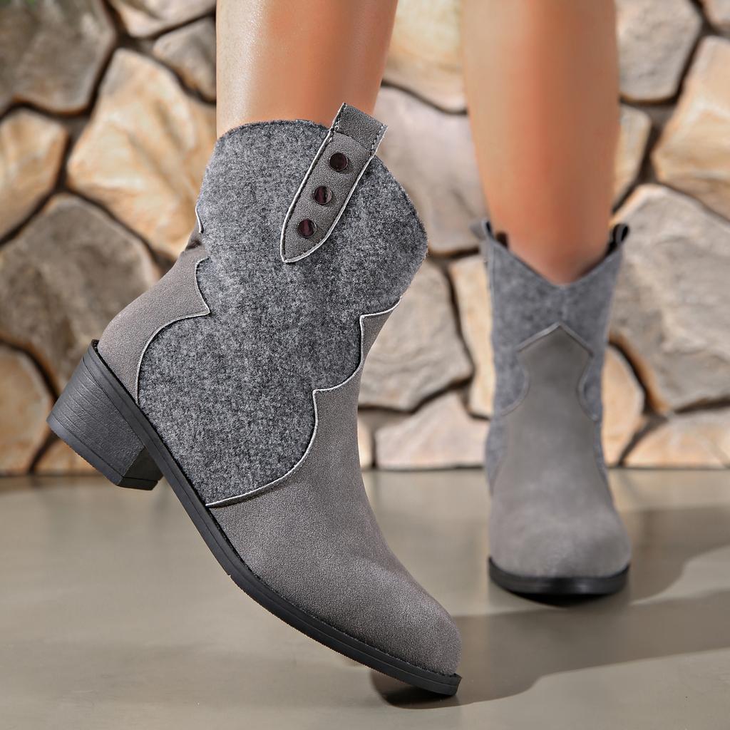 New Style Women's Summer Retro Round Toe Chunky Heels Suede Western Boots with Hollow Design and Rivets Cowboy Boots Shoes