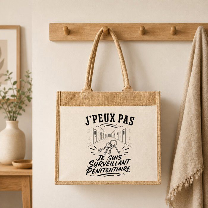 Sac Cabas Jute avec Poche J’peux pas je suis Surveillant pénitentiaire J'peux pas minimaliste | Toile de Jute et Coton 21 L Fond