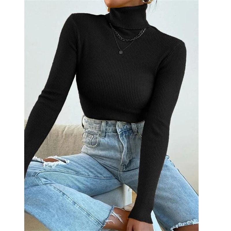 Осень-зима Женская футболка с длинным рукавом и высоким воротником, однотонные топы