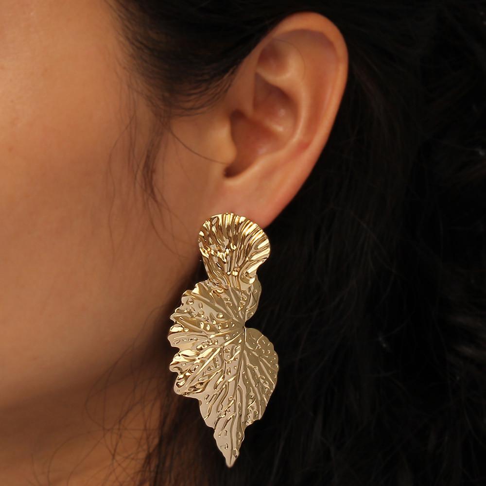 Earrings Metal Leaf With Gold Coating And Bold Design For Gift And Wedding