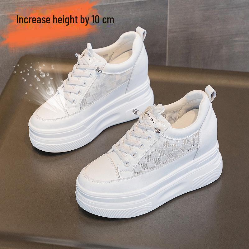 Женские туфли на небольшой дышащей платформе - высота 10 см, без шнурков, белые, летний стиль