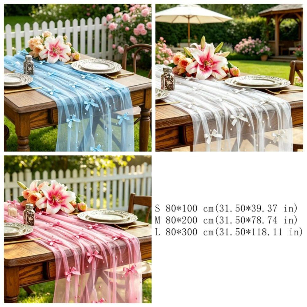 Romantic Bow Pearl Chiffon Runner Semi-Transparent Gauze Tablecloth Tulle Table Runner Wedding