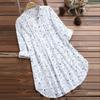 Elegant Women V-neck Long Sleeve Flower Print Linen Shirt Ladies Casual Loose Blouse Top