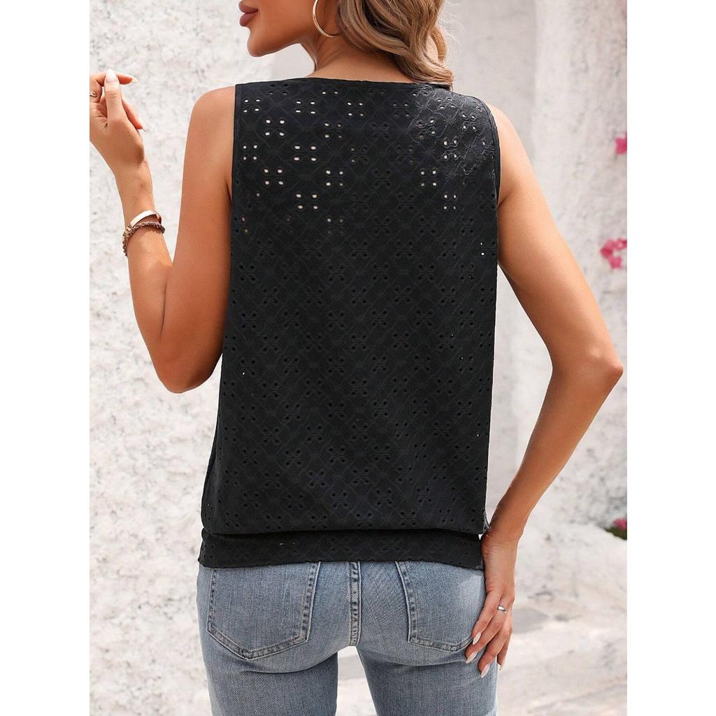 Ladies' Elegant Sleeveless Vest -Semi Transparent Round Neck Lightweight Top, Medium Stretch Casual, Sleeveless Butterfly Pattern, Non Transparent