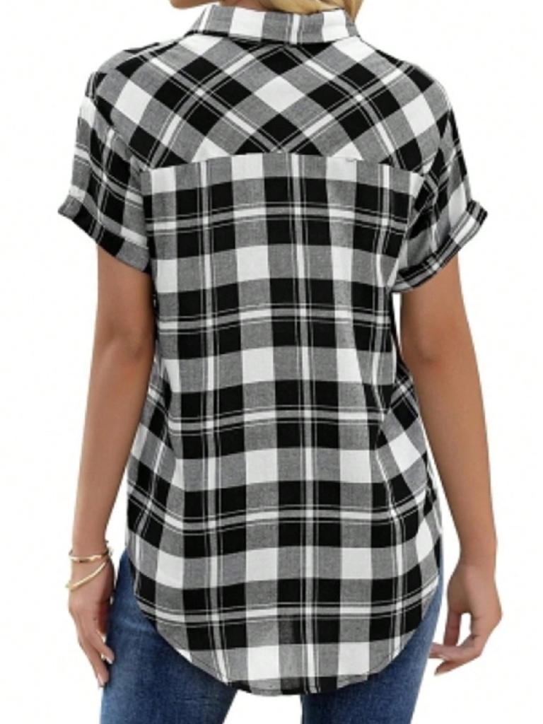 Women's Plaid Button Down Shirt Short Sleeve Casual Summer Blouse Top