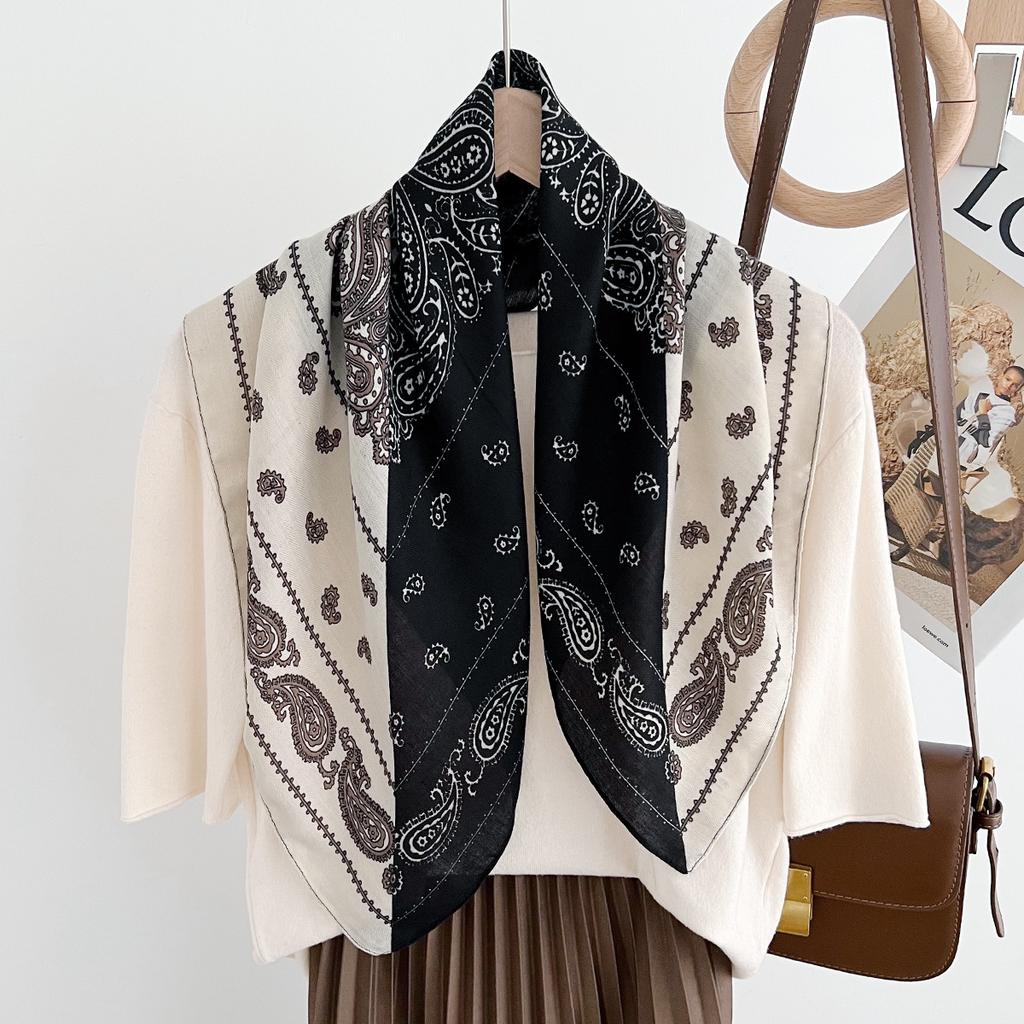 Cashew herringbone pattern cotton and linen feel small square scarf fashionable versatile foreign style scarf women's shawl silk scarf outer belt