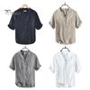 Men Summer Shirt V Neck Stand Collar Short Sleeves Vinatge Solid Color Loose Simple Style Mid Length Pullover Office Daily Wear Top