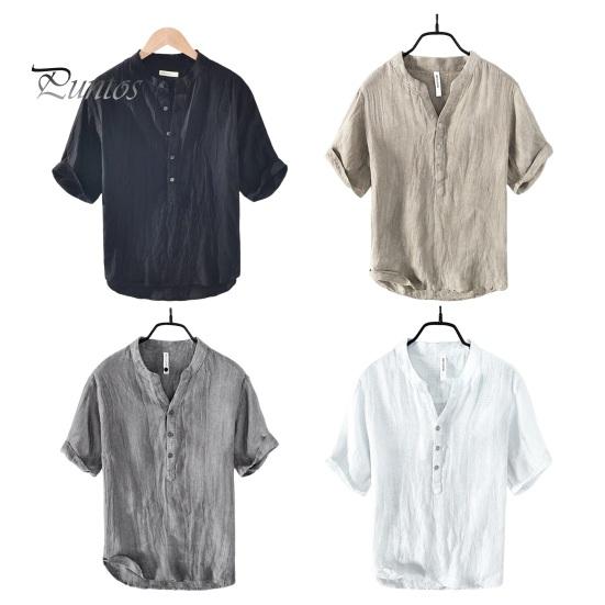 Men Summer Shirt V Neck Stand Collar Short Sleeves Vinatge Solid Color Loose Simple Style Mid Length Pullover Office Daily Wear Top