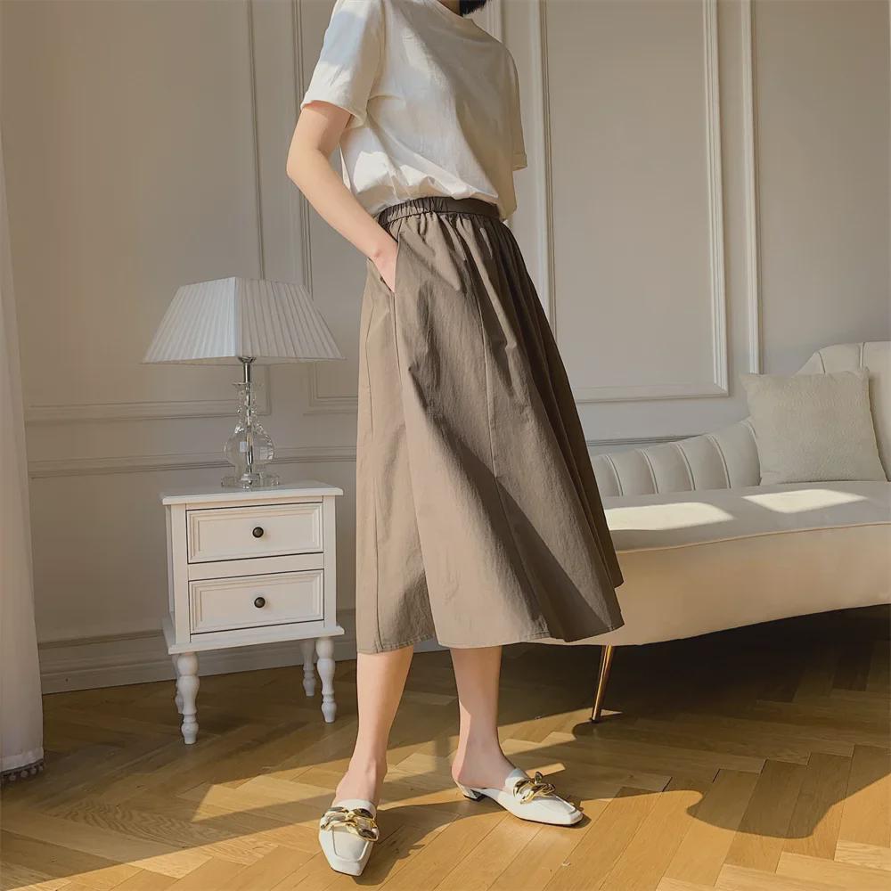 Новое поступление: Женская юбка А-силуэта с высокой талией из выстиранного хлопка - Свободная, повседневная, универсальная, в японском стиле, для весны и лета