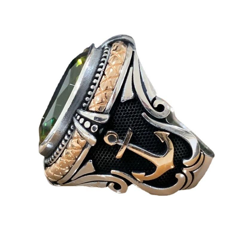Пиратский якорь Эллиптическое кольцо с драгоценным камнем Мужское модное кольцо ручной работы в стиле хип-хоп в стиле ретро