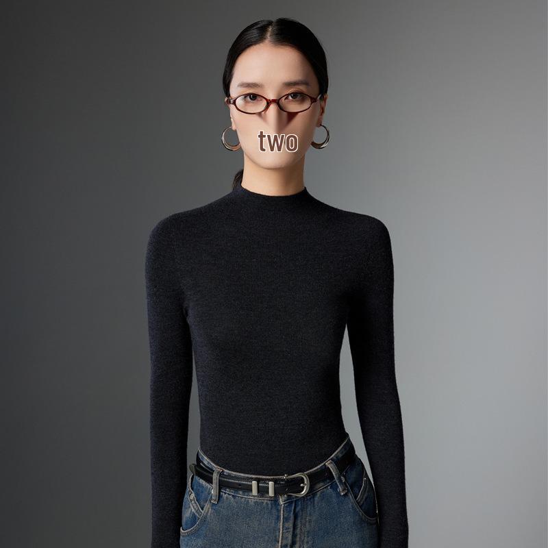 Women's 100% Fine Spun Wool Seamless Sweater, Half-High Neck, Pure Wool Base Layer for Autumn/Winter