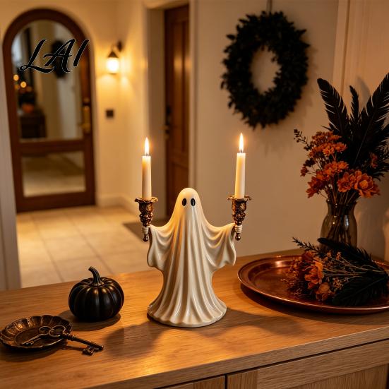 Cute Ghost Figurine Candle Holder for Halloween Resin Tealight Candlestick Taper Seasonal Tabletop Decor Home Table & Spooky Atmosphere Accessory