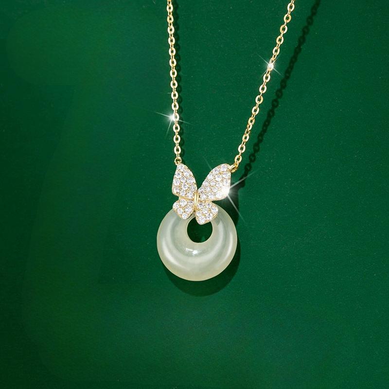 S999 Pure Silver Chalcedony Safety Buckle Pendant Butterfly Sterling Silver Necklace Female Light Luxury Minority Clavicle Chain Necklace