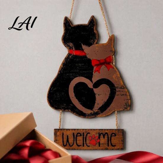Indoor Entryway Decoration Wooden Hanging Welcome Door Romantic Front Sign for Cat Couple Valentine's Day