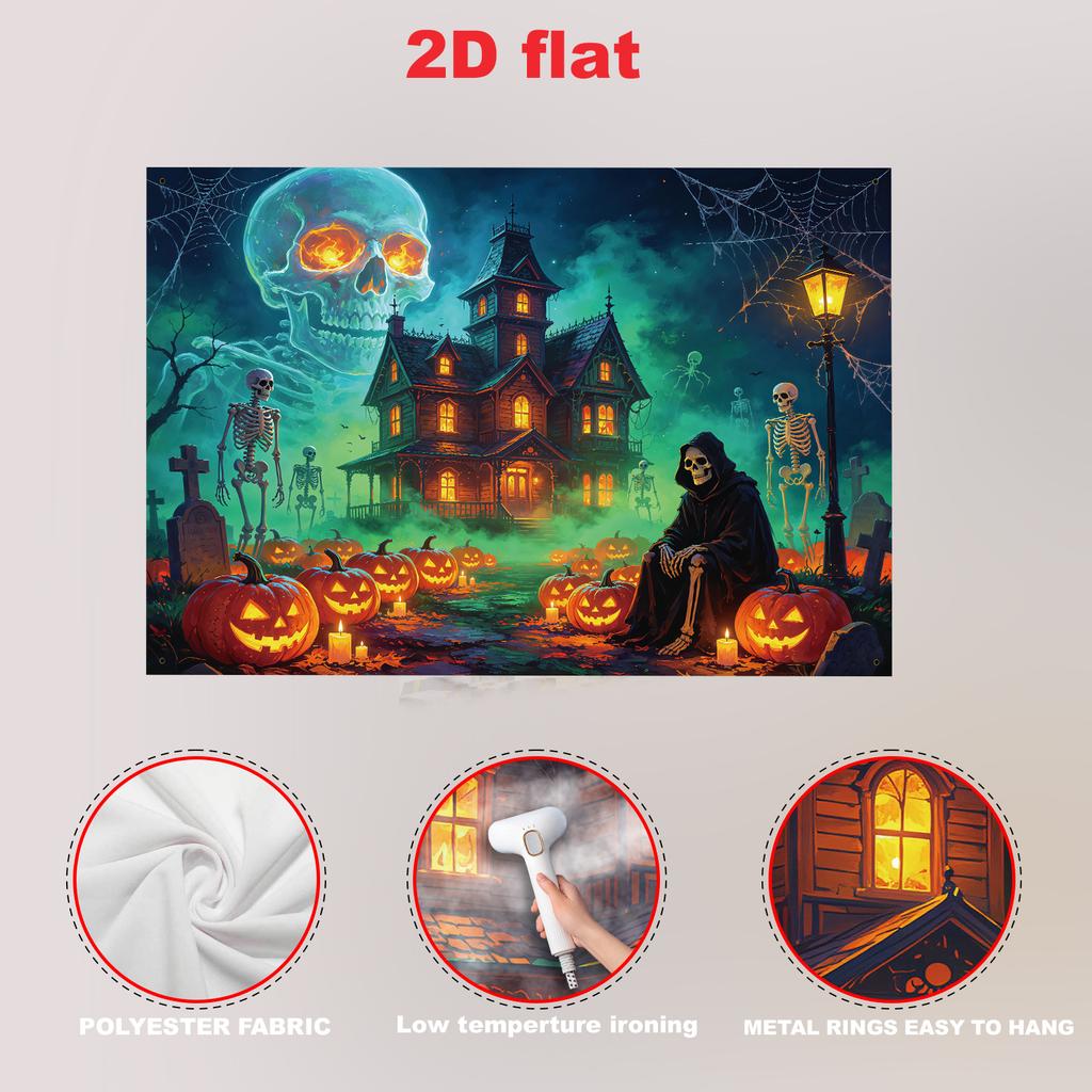 2D flat banner 1 piece material eerie and mysterious Halloween decoration background huge transparent skeleton
