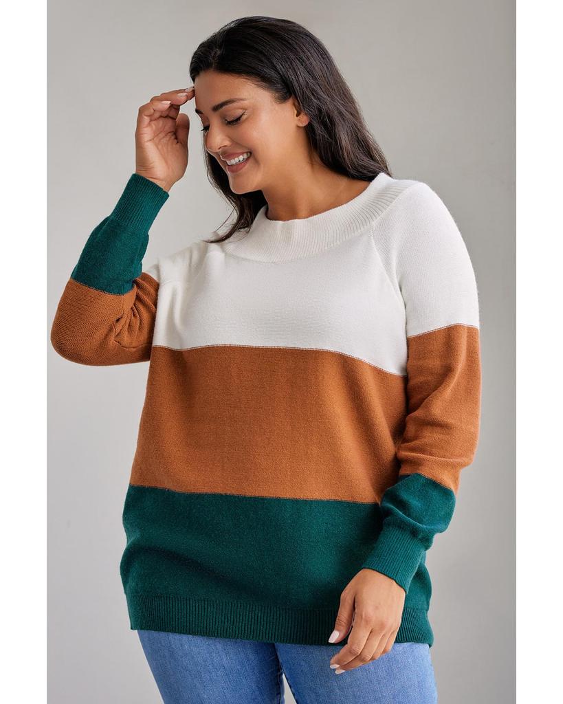 Azura Exchange Brown Plus Size Ribbed Trim Color Block Sweater