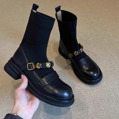 Мода 2025 Новые Простые и Высококачественные Теплые Вязаные Ботинки с Круглым Носком Женские Ботинки на Толстом Каблуке Короткие Осенне-Зимние Модные Ботинки