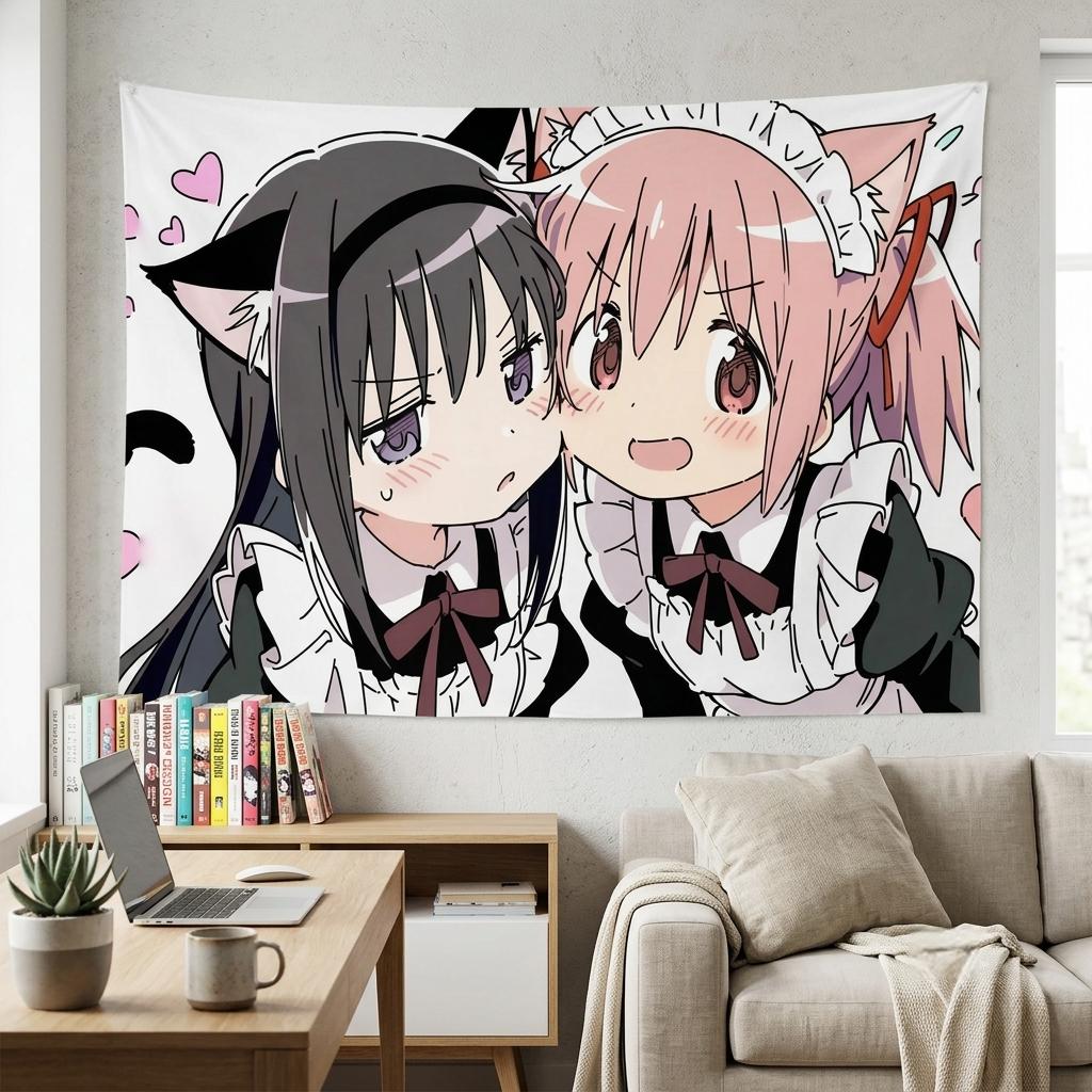 1 шт. P-Puella M-Magi, M-Madoka M-Magica Гобелен Черно-розовый Кошачье ухо Униформа Настенный подвес Сладкий Юри Декор Спальня Общежитие Подарок для фанатов