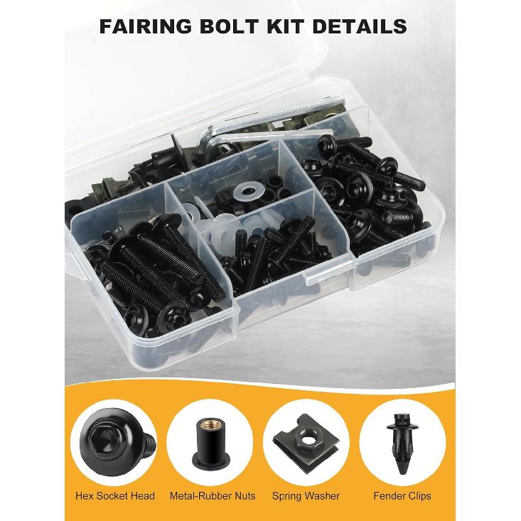 Motorcycle Fairing Bolt Kit, 195Pcs Stainless Steel M5 M6 Windscreen Screws Fastener Clips Universal Fit For Motorcycle Sportbike GSXR Honda Kawasaki