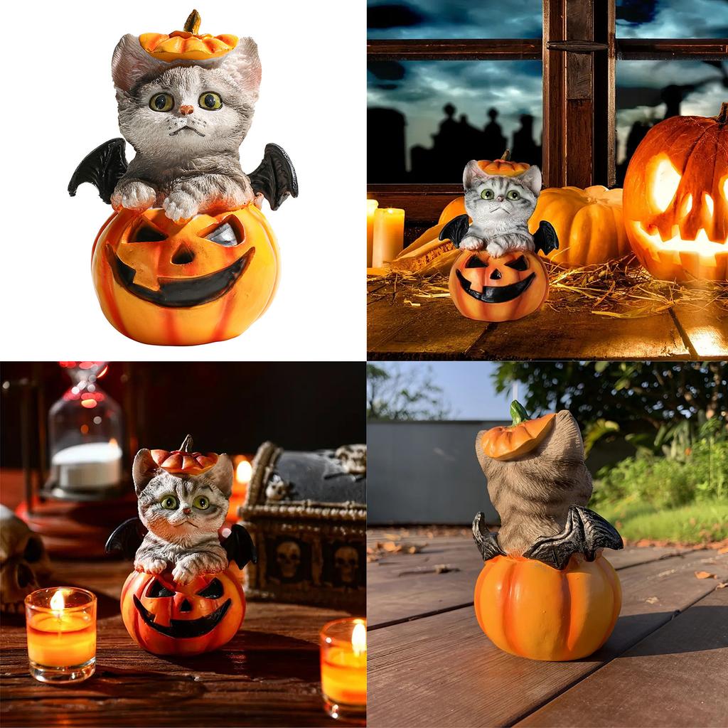 Halloween Pumpkin Decorations Resin Pumpkin Figurines with Cat Table Centerpieces for Outdoor Indoor Fairy Garden Decors