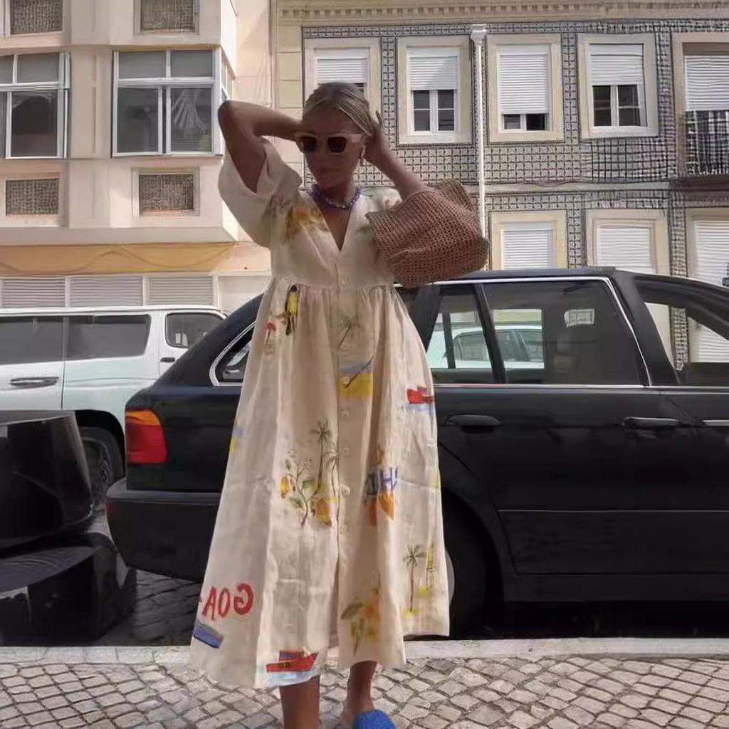 Women's Spring and Summer Fashion Printing V-neck Cute Short-sleeved Loose Dresses