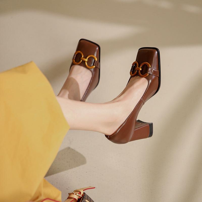Французский дизайн Sense золотые пряжки одинарные туфли женские жареные лапши высокие Sense 7 см маленькие кожаные туфли ~ носите высокие каблуки в любое время года