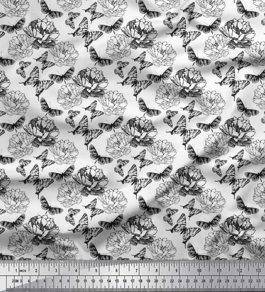 Soimoi Poly Crepe Fabric Butterfly & Peony Floral Printed Craft Fabric by the metre 42 Inch