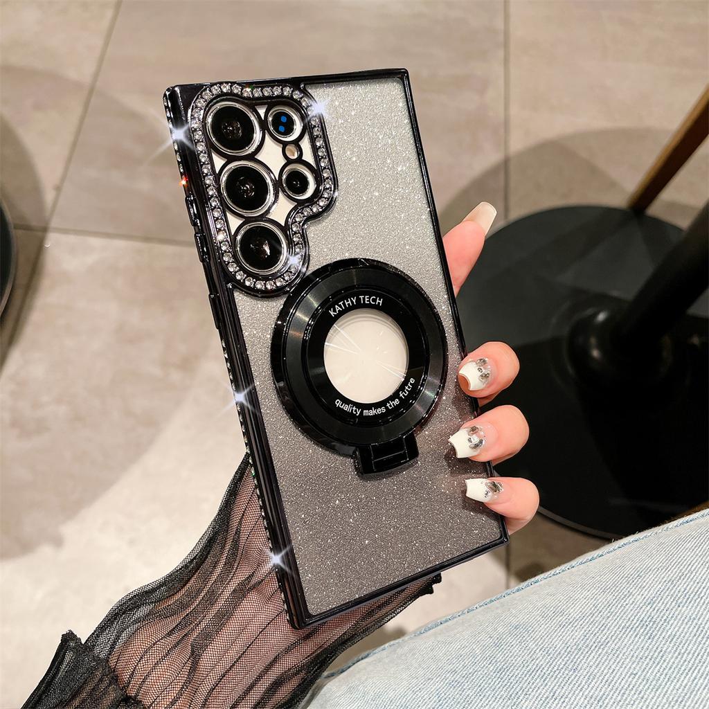 Samsung 25 Ultra Mobile Phone Case Rhinestone Flash Powder Electroplated Magnetic Bracket for Women's Model Suitable for S24 Soft Shell Anti Fall
