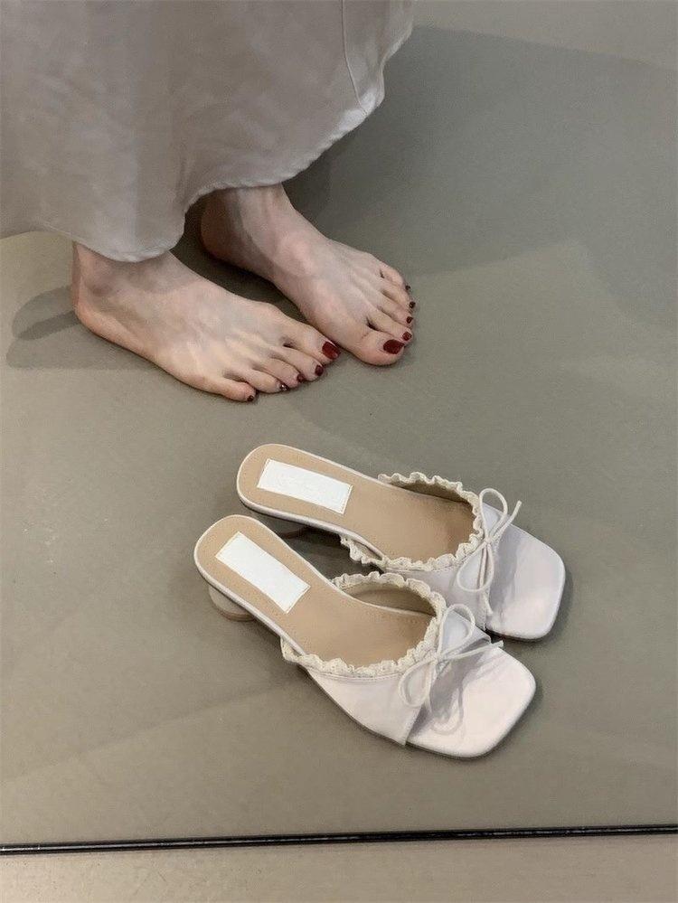 Ретро бант однословные тапочки женские носят толстый каблук крутые тапочки