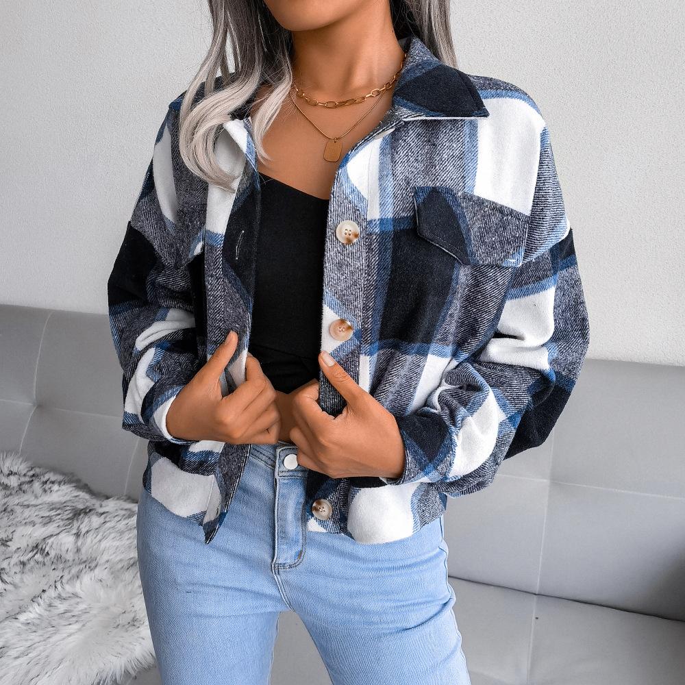 Winter Fall Lantern Plaid Women Long Sleeve Jacket Single Breasted Loose Chic Coat Sxl